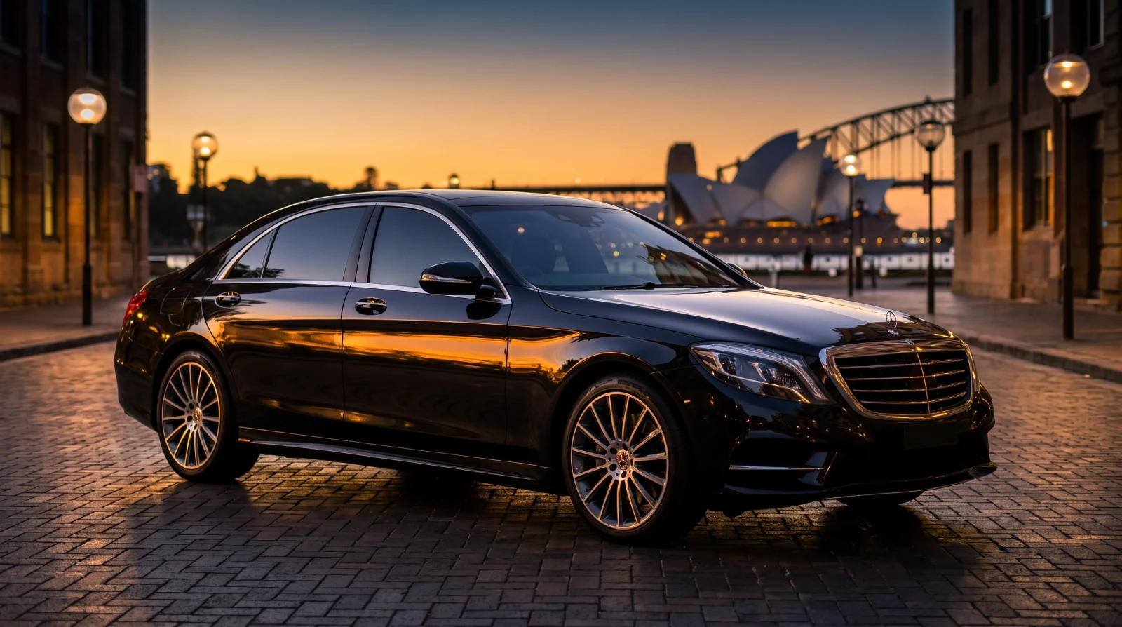 Black luxury sedan with freshly tinted windows at dusk in front of the Sydney skyline