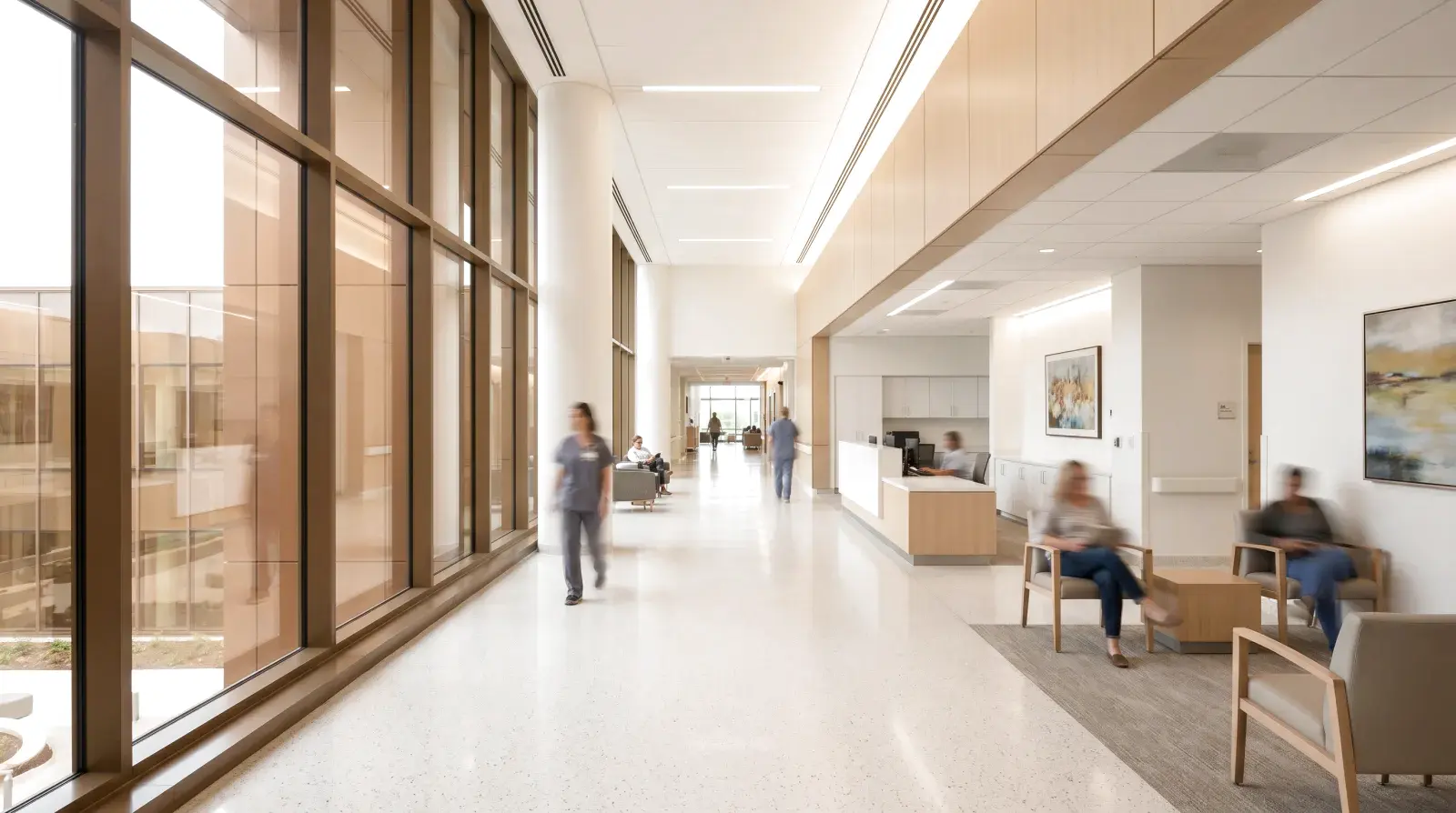 Bright hospital corridor with tinted glass windows reducing glare