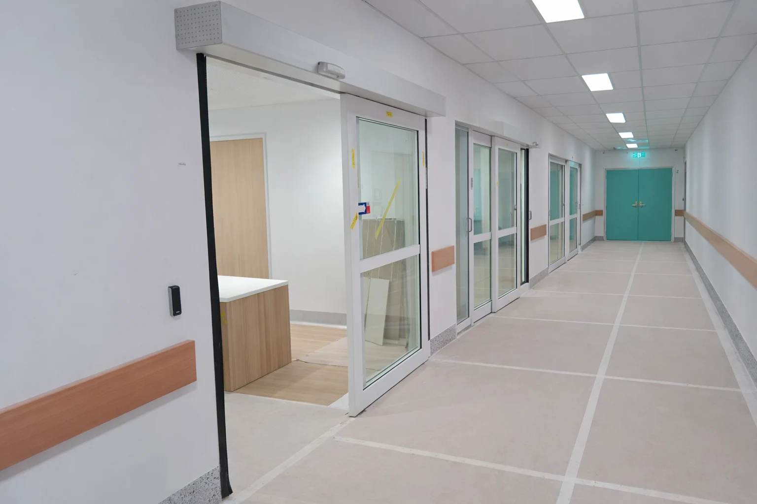 Hospital corridor with privacy and UV-control window tinting