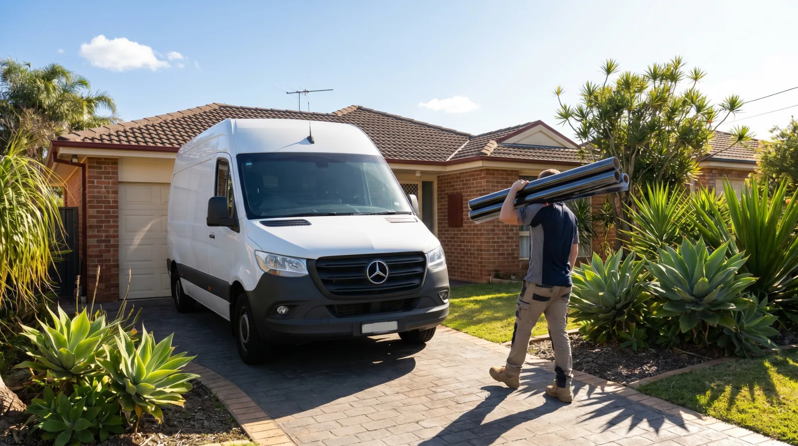 Mobile window tinting van with technician carrying tint film rolls in a Sydney driveway
