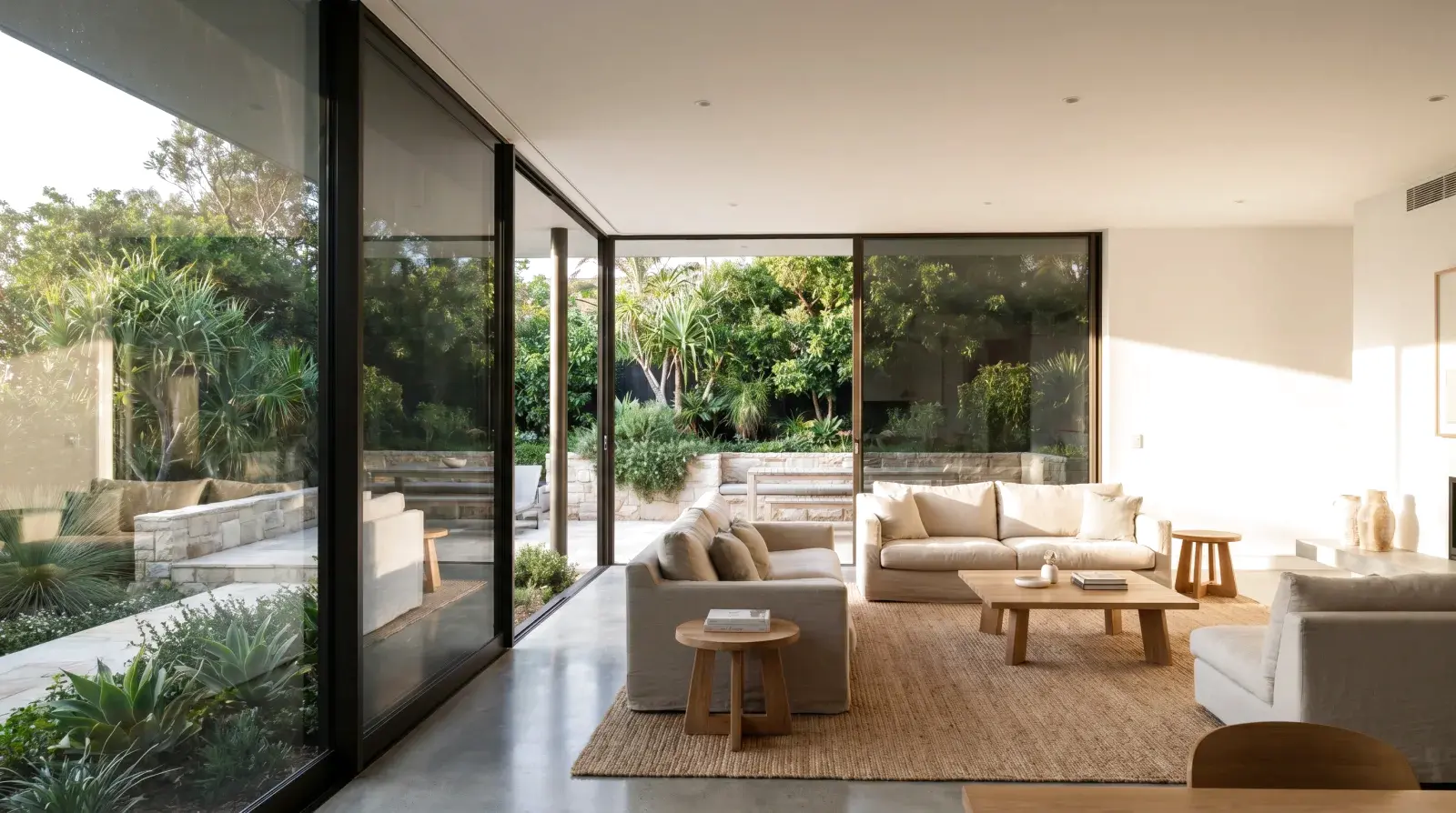 Sunlit Sydney living room with solar-tinted floor to ceiling windows